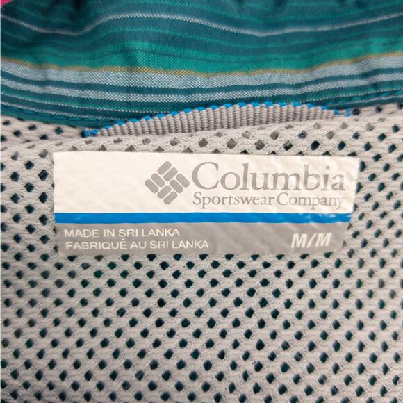 Columbia Fishing Shirt Men's Medium Vented Nylon Short Sleeve Green Striped Logo - Picture 3 of 11